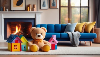 cozy living room with plush toy and colorful toy house by fireplace