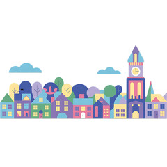 A whimsical and colorful cartoon cityscape with a prominent church clock tower against a white background. This fun illustration features vibrant houses, trees, and clouds in a flat, modern style.