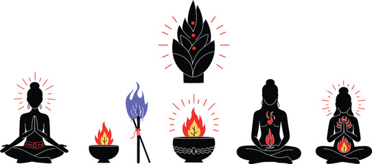 Vector illustration of self-care rituals and spiritual ceremonies, symbolizing meditation, inner peace, and personal wellness for mental health, balance, and emotional well-being.