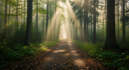 Fototapeta premium Sunlight streams through a forest path, illuminating the trees and ground.
