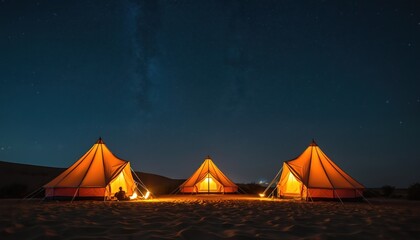 Desert camping adventure under starry night sky. Illuminated tents glow on sand dunes, with silhouetted figure near campfire. Tranquil Sahara scene, evoking peace, solitude, and wanderlust.