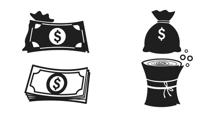 Money Bag and Bills Silhouette Icons