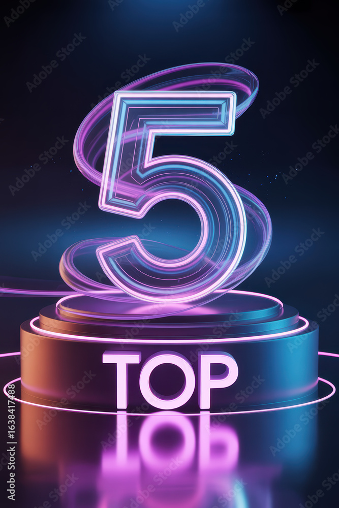 Poster dynamic neon 'top 5' display with vibrant swirls against a dark background