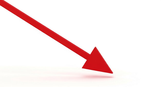 Red arrow pointing downwards on white background, symbolizing decline, decrease, or loss, suitable for financial, economic, or statistical presentations