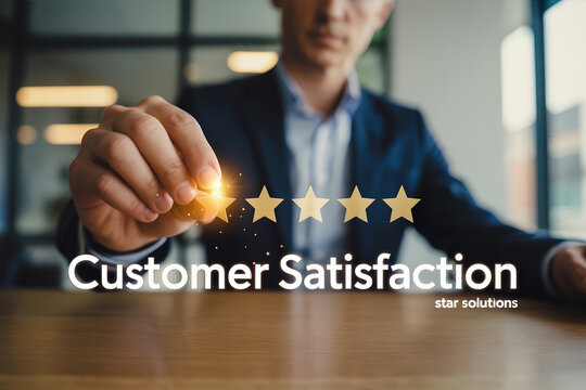 Customer Satisfaction Five Star Rating with Hand Selecting a Star for Excellent Service and Feedback