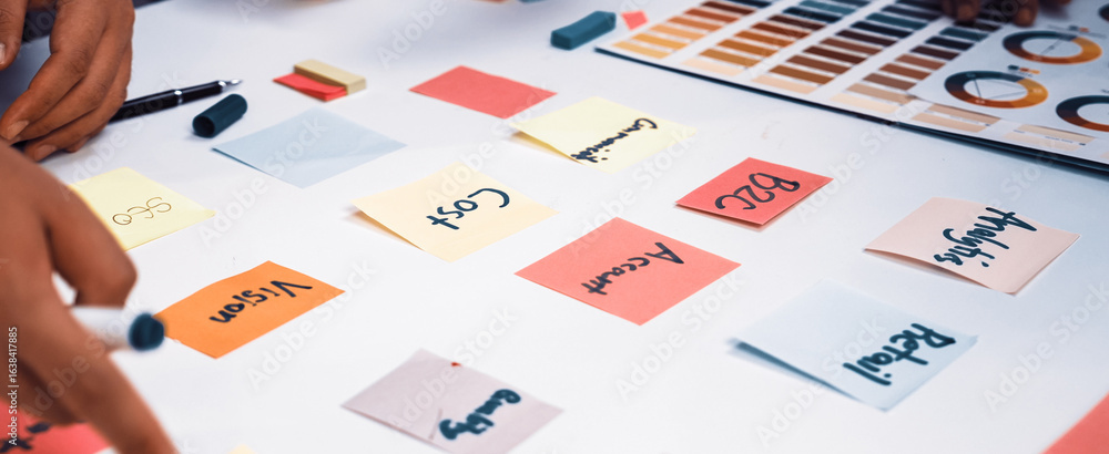 Poster a vibrant and engaging workspace featuring hands interacting with colorful sticky notes during a bra