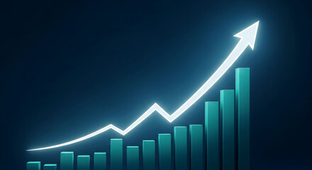 Teal bars graph rising with glowing white arrow, symbolizing growth, progress, and success in business, ideal for presentations or reports
