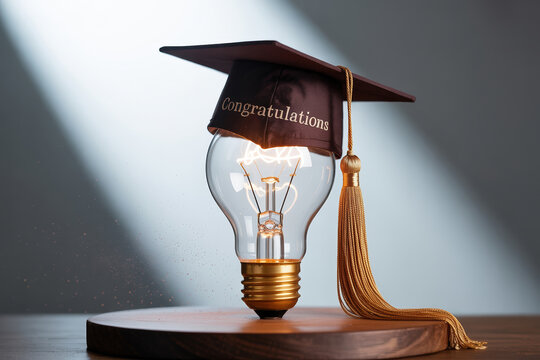 Graduation Cap on Lightbulb Symbolizing Academic Achievement Knowledge and Educational Success Celebration