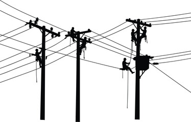 Silhouette of linemen working on multiple power poles, electric utility maintenance crew repairing cables, high voltage line technicians in action, teamwork safety concept