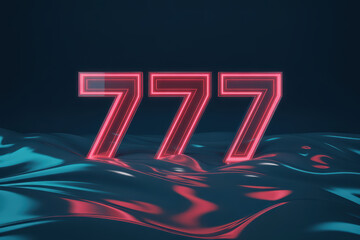 Neon 777 Jackpot Symbol Glowing on Rippling Blue Surface in an Atmospheric Dark Setting