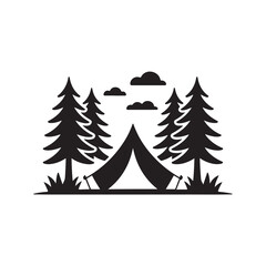 Obraz premium Black tent nestled among pine trees under clouds forest camping