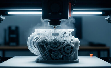 High Quality Render Of A 3d Printer Printing A Complex Mechanical Part