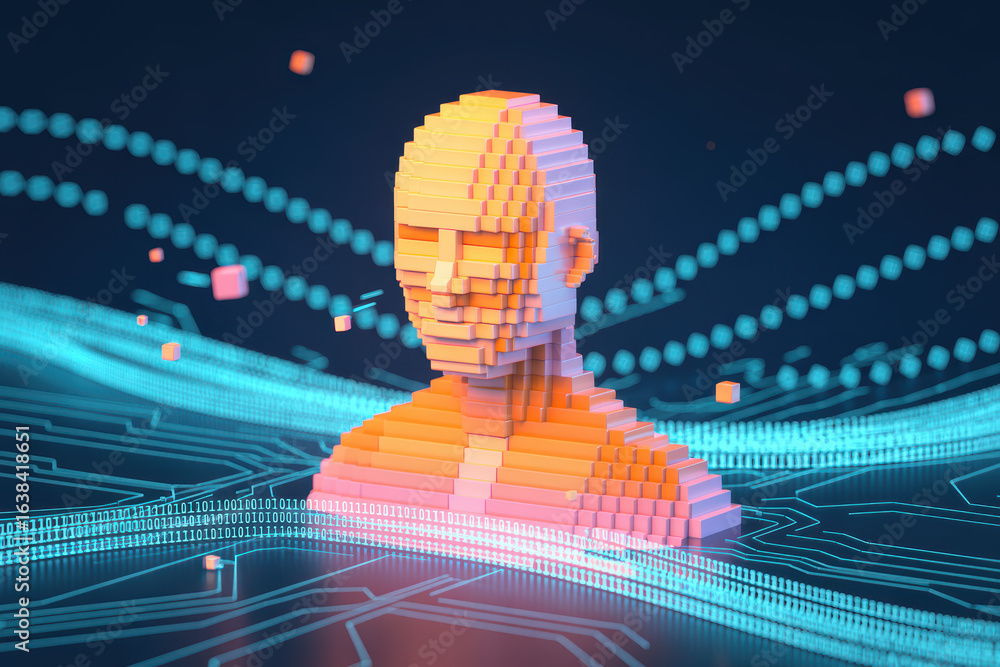 Poster abstract 3d rendered human head composed of pixels surrounded by flowing data waves in vibrant neon 