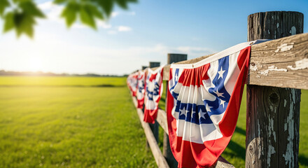 patriotic american bunting on a rustic country fence