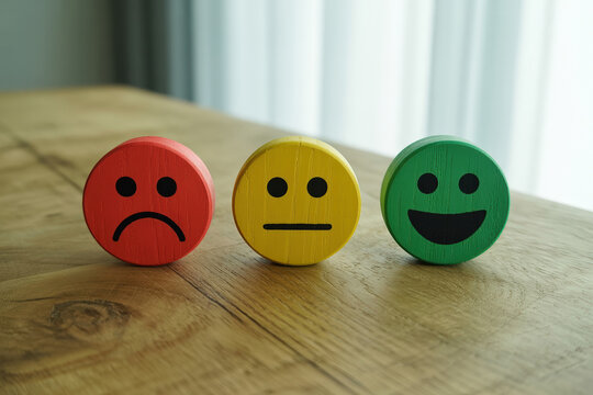 Emotional Assessment Three Wooden Faces Expressing Sadness Neutrality and Happiness on a Wooden Surface