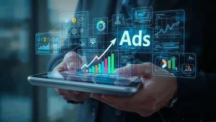 Digital marketing analytics and advertising campaign performance on tablet