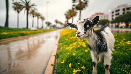 A young goat with black and white fur stands on a lush green roadside with yellow flowers and palm trees on a wet day.