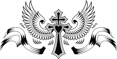 Winged Cross with Heart and Ribbons , Vector Illustration