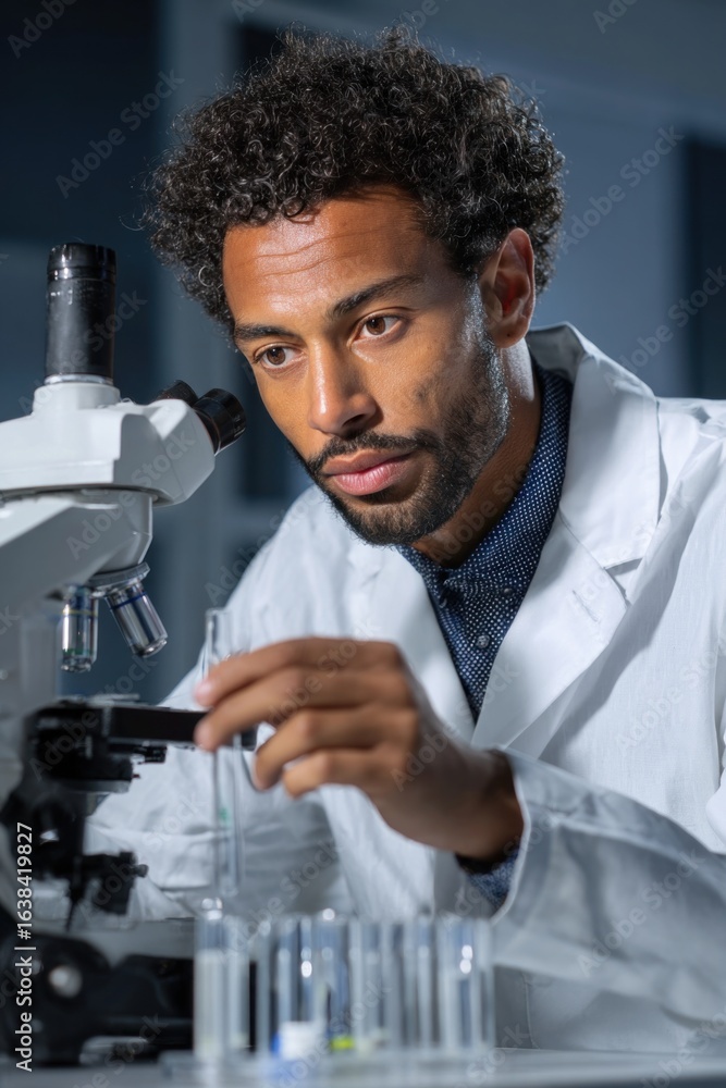 Aufkleber scientist analyzing sample with microscope in laboratory
