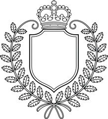 Royal Crest Frame Vector| Heraldic Shield with Crown and Laurel Wreath| Black Outline Design