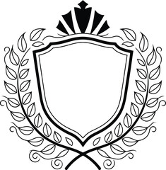 Obraz premium Royal Crest Frame Vector| Heraldic Shield with Crown and Laurel Wreath| Black Outline Design