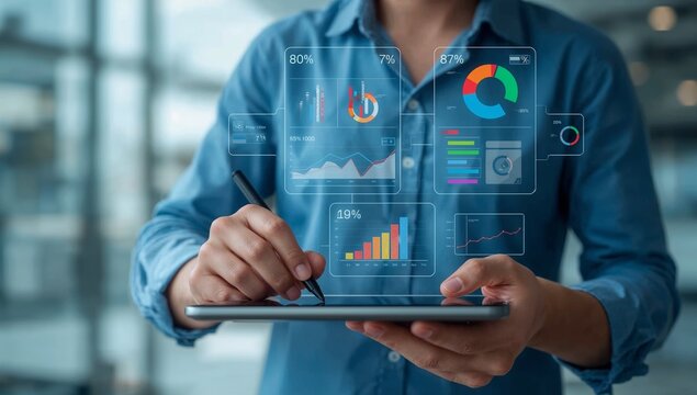 Person using tablet with futuristic holographic data visualization and analytics