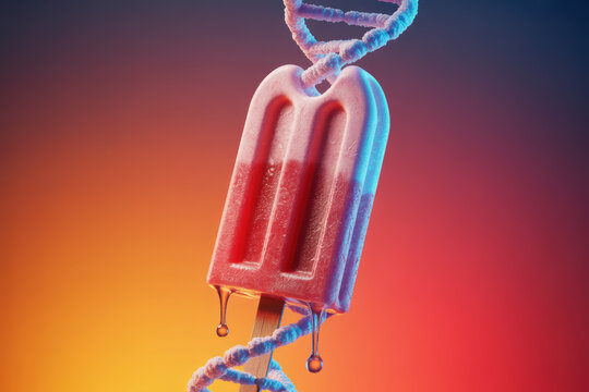 Playful Ice Cream Popsicle Melting on DNA Helix in Vibrant Sunset Hues