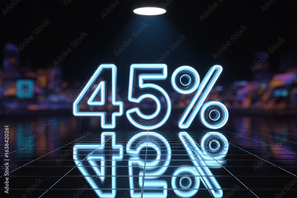 Poster vibrant neon 45% display illuminated in futuristic setting with reflections on glossy surface