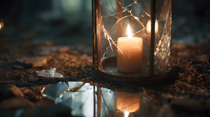 Broken lantern with candlelight reflecting in puddle at night  