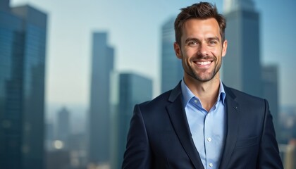 Fototapeta premium Confident businessman smiles warmly against a blurred cityscape background. He wears a stylish dark suit and light blue shirt. Professional portrait conveys success, ambition, modern urban lifestyle.