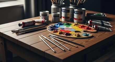 Fototapeta premium Paint supplies on a wooden table, various colors and brushes