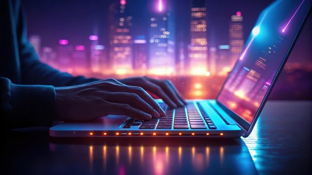 Cybersecurity professional working on a laptop with a vibrant neon cityscape in the background at night