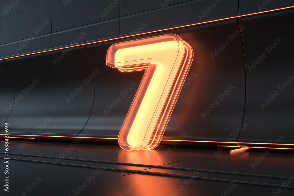 Poster illuminated neon number 7 with warm glow against a dark background for modern design and events