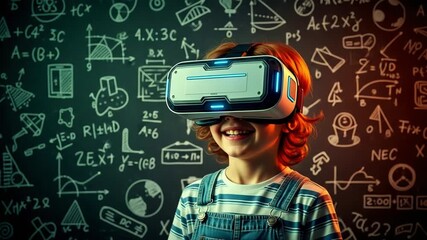 Child with vr headset in front of chalkboard with math equations and diagrams drawn on it clearly - Powered by Adobe