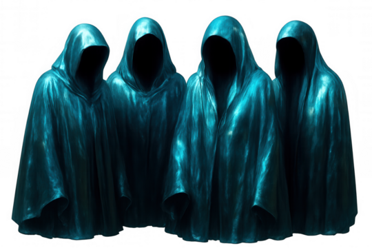 Shadowy silhouettes in teal cloaks clustering together, faces hidden, emanating enigmatic atmosphere against translucent backdrop with haunting visual tension