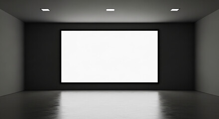 Empty dark room with a large blank white square on the wall, showcasing a minimalist and modern design, ideal for presentations or advertisements, offering free space for text or visuals