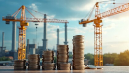 Stacks of coins, construction cranes signify rising building costs. Image finance, investment, economic growth in construction industry. Represents project budgets, capital expenditure, industrial