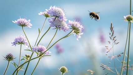 Obraz premium A bumblebee in mid-flight approaches a delicate cluster of pale purple scabiosa flowers in a wildflower meadow.