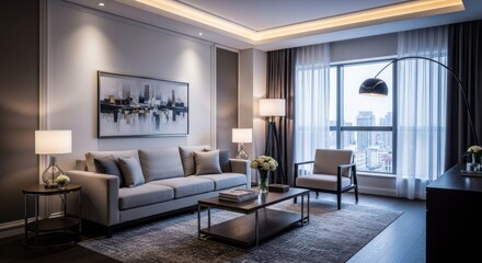 Fototapeta premium Modern living room with beige couch and city view