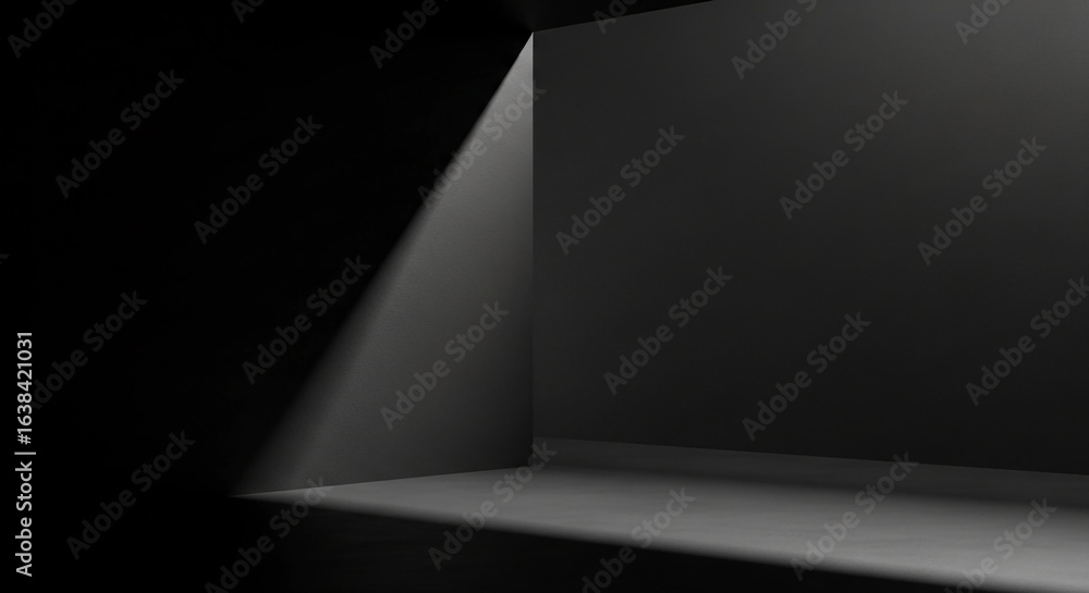 Poster dark gray corner with light beam, showcasing empty space ideal for product display or minimalist des