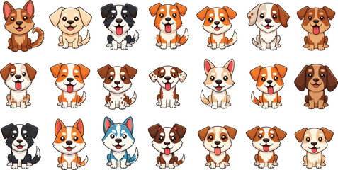 Cartoon dog breed set, cute puppy illustrations, happy dog characters, pet clipart bundle, playful dog graphics, sitting dog icons
