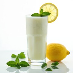 Fototapeta premium Cool glass of creamy lassi drink. Yogurt beverage with fresh mint leaves and lemon slice garnish. Indian dairy refreshment, healthy summer dessert, organic drink.