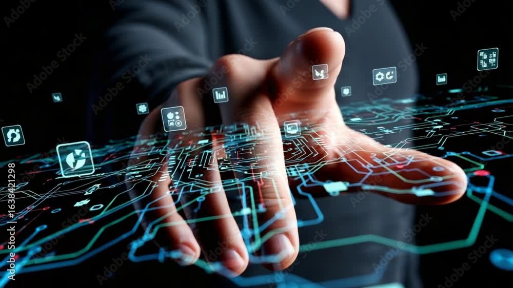Poster hand reaching out over a circuit board with floating digital icons in a dark studio setting shot