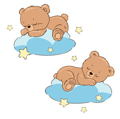 Set Cute Baby Bear Sleeping on a Cloud Hand Drawn Vector Illustration