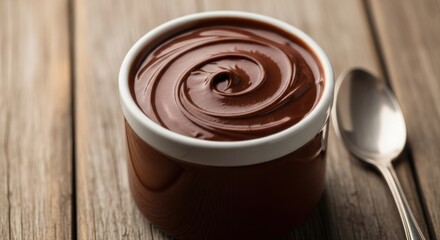 Melted chocolate in a small bowl on a wooden table.  A spoon rests nearby