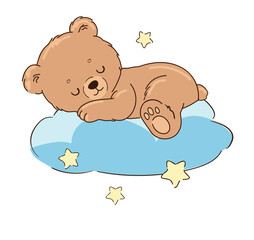 Cute Baby Bear Sleeping on a Cloud Hand Drawn Vector Illustration