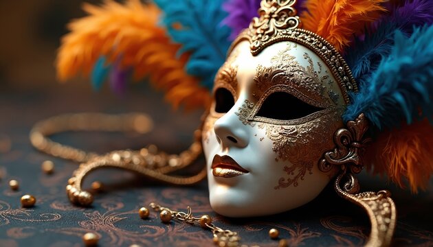 Ornate Venetian mask with gold detailing, feathers in vibrant orange, blue, purple. Intricate patterns adorn white mask, perfect for carnival, masquerade, festive events. Elegant accessory evokes