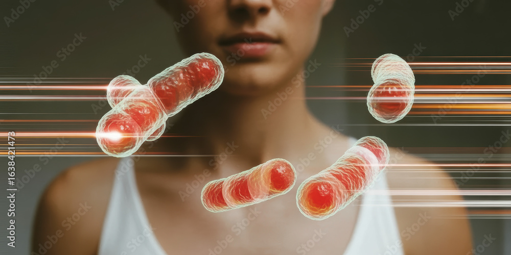 Poster abstract visualization of cellular activity with blurred motion around a thoughtful individual in a 