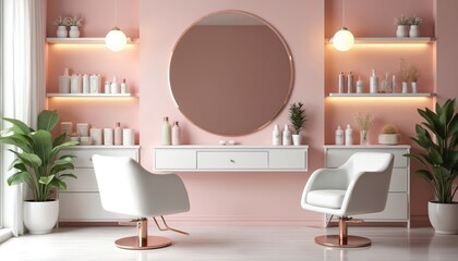Minimalist salon interior in soft pink. Features two white styling chairs, shelves stocked with beauty products, large round mirror. Clean, elegant, chic design with subtle lighting, potted plants.