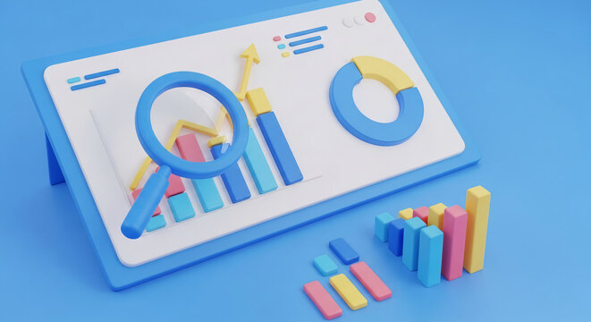 3D illustration of colorful bar and pie charts, magnified by a lens, displayed on a digital tablet, symbolizing data analysis and growth